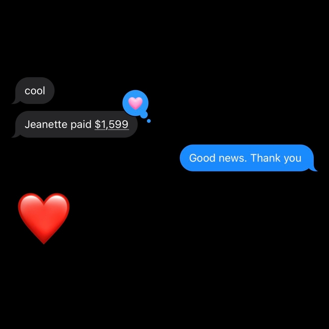 Client message reporting a $1,599 payment
